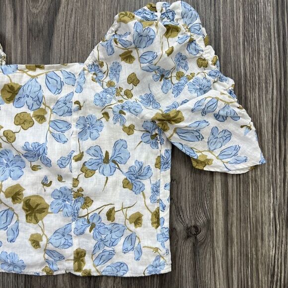 Joie Linen Linen Puff Sleeve Shirred Blue White Floral Blouse Size XL - Picture 4 of 6